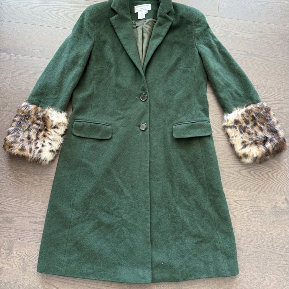 Helene berman Green Coat with Faux Fur Cuffs